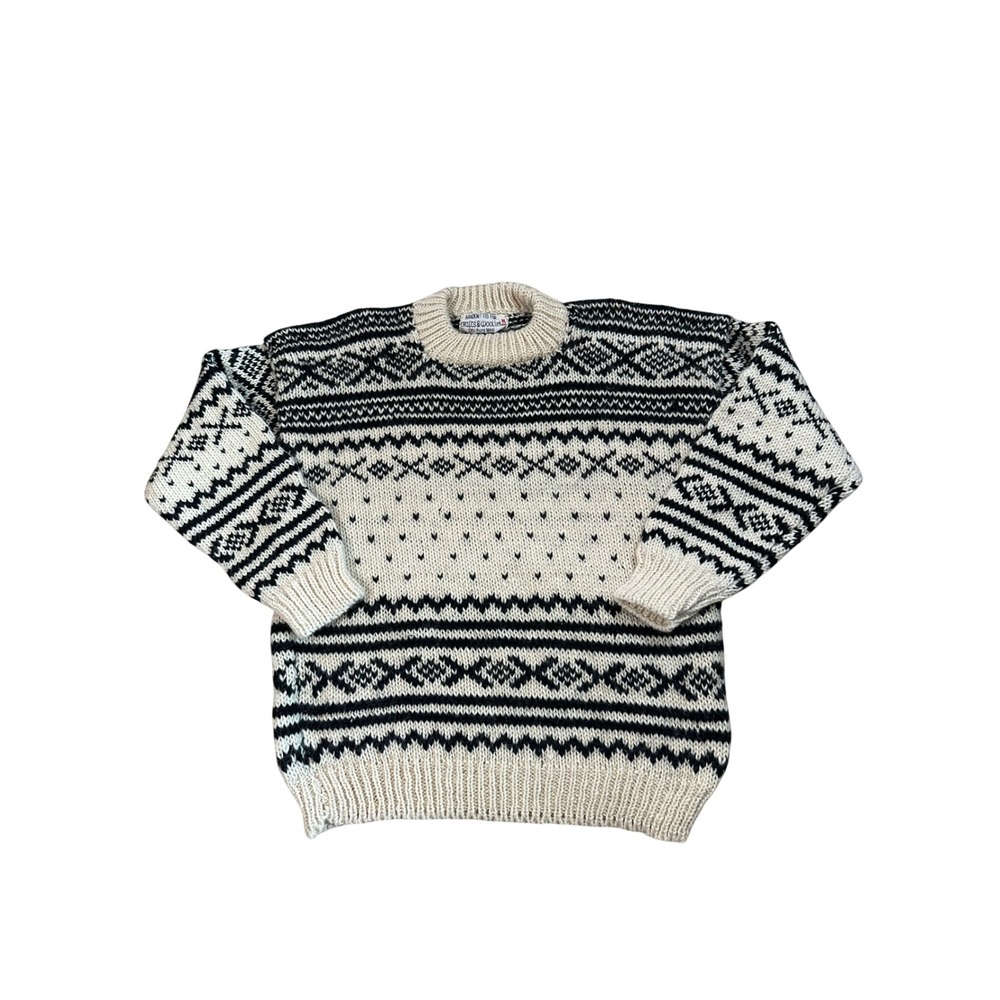 Crafts & Woollen Handknitted 100% Wool Fair Isle Sweater Mens Medium Cream Black